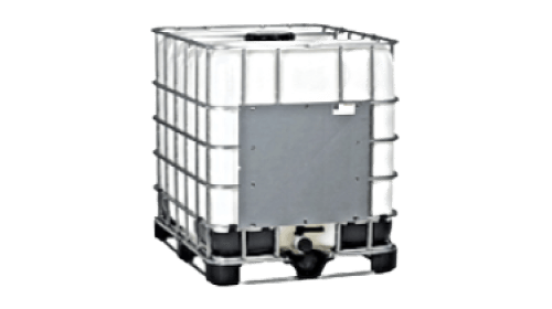 Intermediate bulk container (IBC) tote on a pallet, typically used for storage and transport of bulk liquid and granulated substances, including marine bunker fuel.