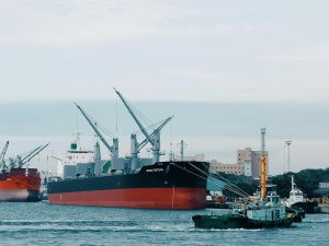 A large cargo ship with white superstructure and red hull is docked at a port. Another smaller vessel, a tugboat, with green and grey colors is in the foreground. The sky is cloudy, and port buildings are visible in the background.